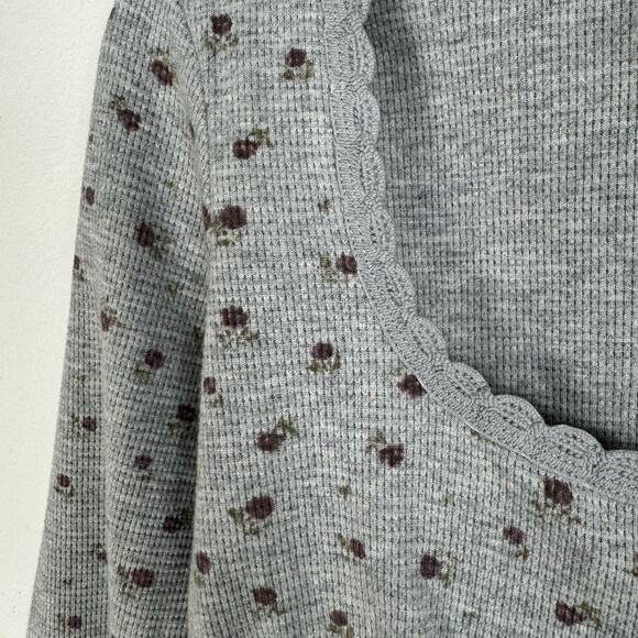Kirious Babydoll Top Large Gray Floral Waffle Knit Long Sleeve Crop Fairycore - Picture 10 of 12